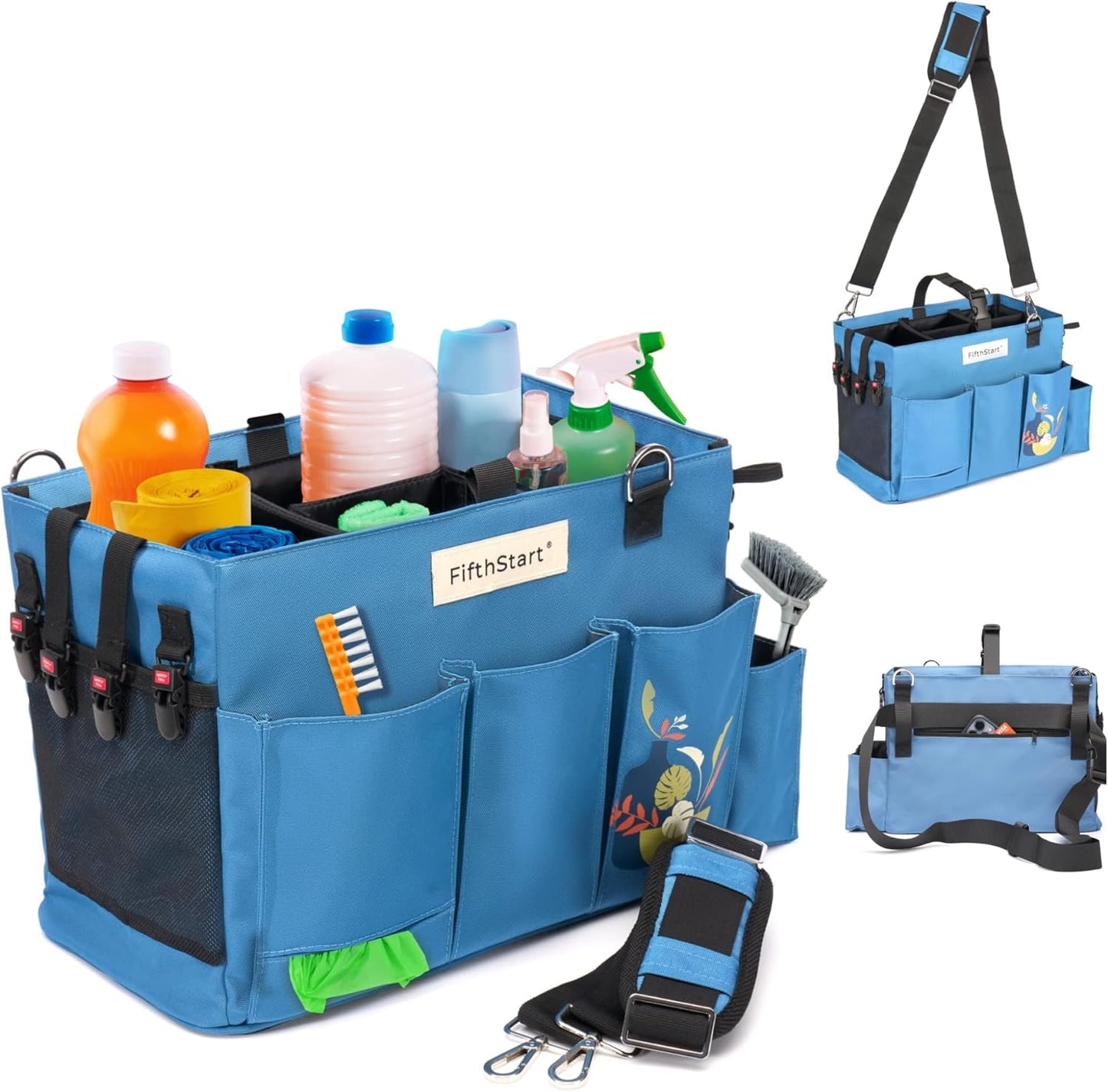 FifthStart Multiuse Cleaning Caddy with Waist, Shoulder Strap 9 Pockets, Mesh Base & Adjustable Compartments - Cleaning Caddy - Cleaning Supplies Organizer (Blue, Small)