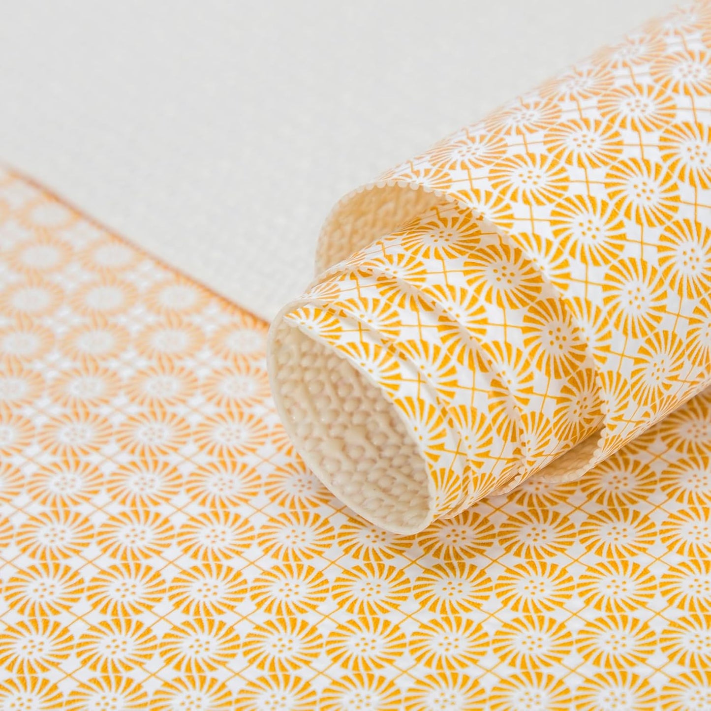 FIFTY FEET 18"x96" Non-Adhesive Shelf Liner for Kitchen Cabinets and Drawers, Washable Non-Slip PVC Cabinet Liner (Yellow Circle)(1 Roll)
