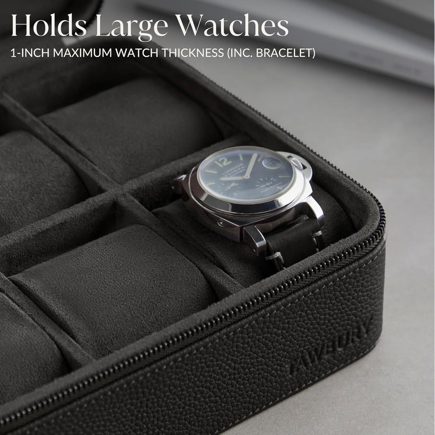TAWBURY Watch Case - 6 Slot Genuine Top-Grain Leather Watch Box for Men & Women with Extra Wide Pillows for Large Watches - Portable Wristwatch Storage for Home & Travel (Black)