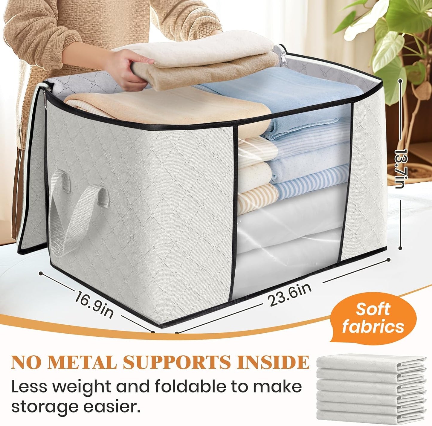 Fab totes 24 Gallons Clothes Storage, Foldable Thick Fabric Blanket Storage Bags, Containers for Organizing Bedroom, Closet, Clothing, Comforter, Organization with Handle (8 Pack,Ivory)