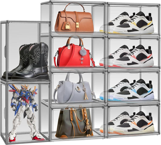 12 Pack Large Shoe Organizers Storage Boxes for Closet Clear Plastic Stackable Shoe Box Storage Bins with Lids, Under Bed Shoe Containers for Entryway, Size 12 Gray