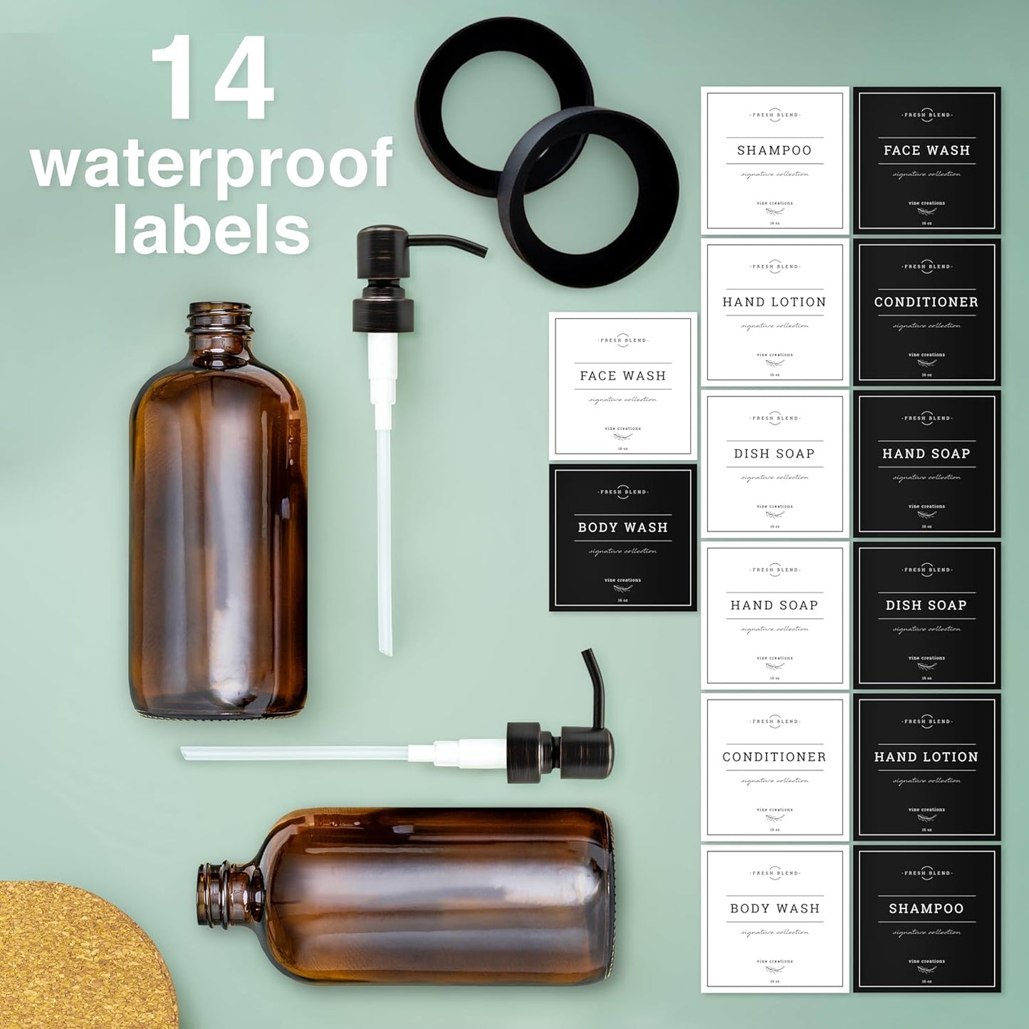 Vine Creations Amber Glass Soap Dispenser, 2 Pack Kitchen Soap Dispenser Set with Stainless Steel Pump, 16 oz Dish Soap and Hand Soap Dispensers for Bathroom with Waterproof Labels