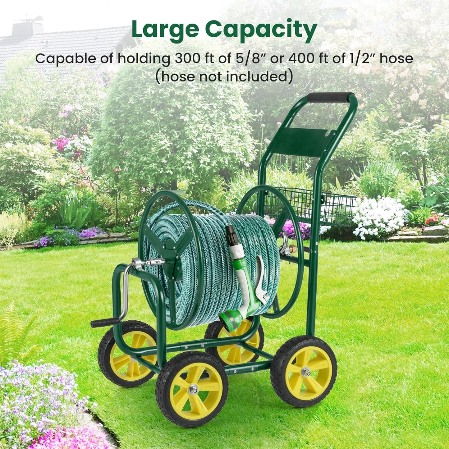 Goplus Garden Hose Reel Cart, 300 FT of 5/8" Large Capacity, Heavy-Duty Metal Hose Cart w/ 4 Wheels, Storage Basket, Portable Water Hose Organizer for Outside Yard, Outdoor Planting Tool (Blue)
