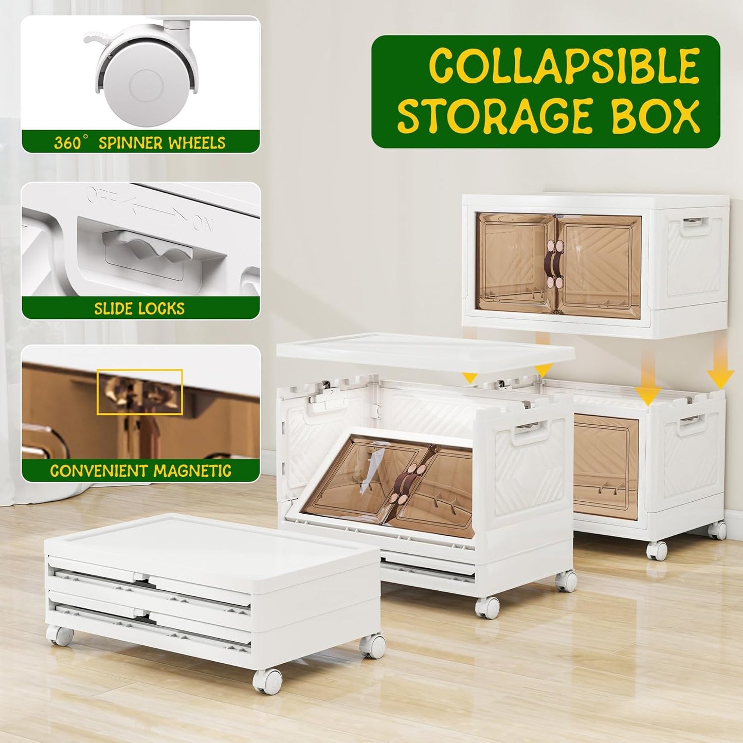 Storage Bins with Lids and Wheels, Collapsible Bathroom Storage Cabinet with Clear Doors, Plastic Stackable Closet Organizers and Storage Containers White 199 QT