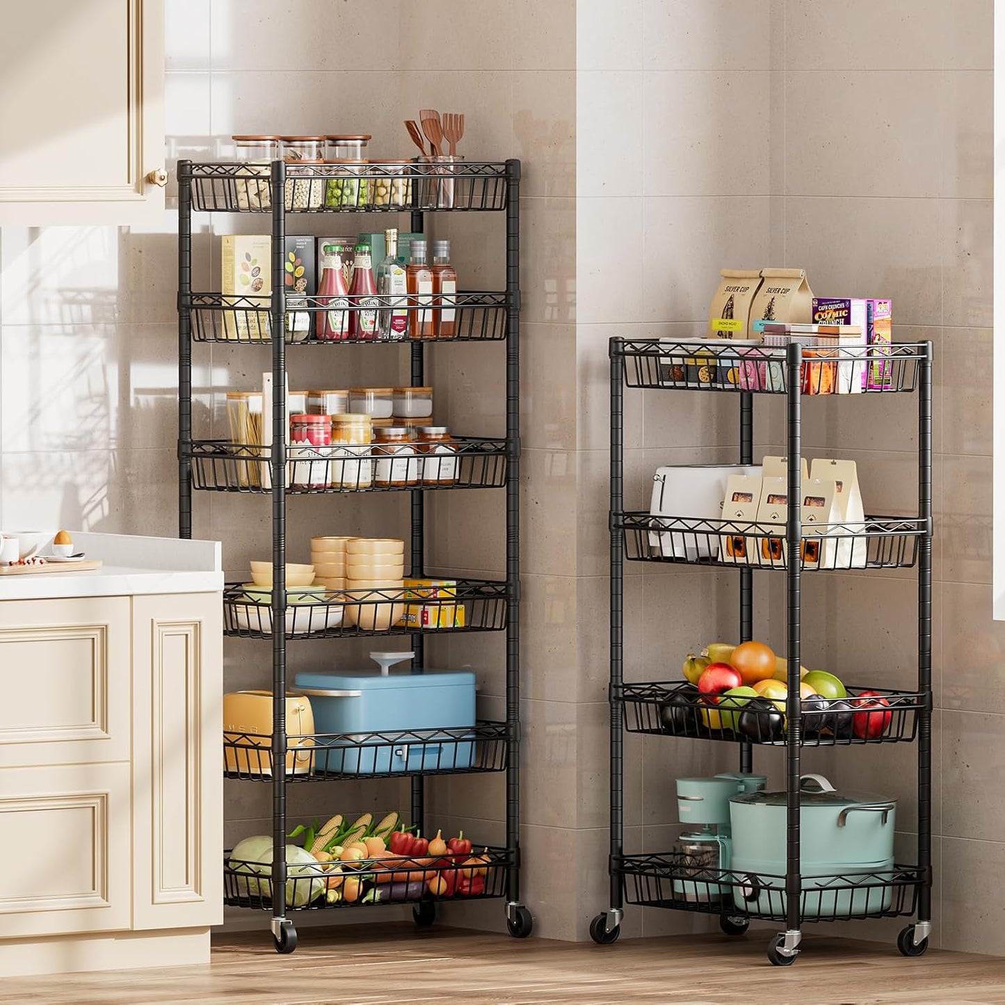 SINGAYE 4 Tier Basket Shelf Wire Shelving Unit Adjustable Storage Shelves Big Basket Rack for Garage Kitchen Office Pantry Corner 17" Dx12 Wx50 H Black