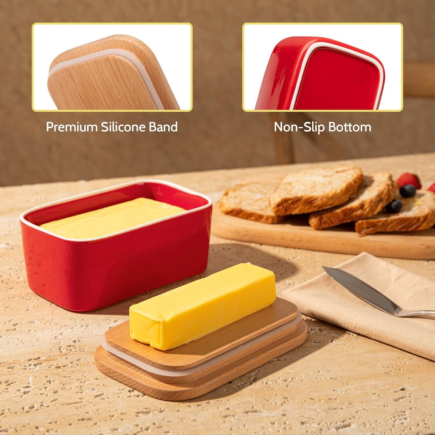 Sweese Large Butter Dish with Lid for Countertop, Airtight Butter Keeper Holds Up to 2 Sticks of Butter, Porcelain Butter Container for Kitchen Decor and Accessories for Kitchen Gift, Red