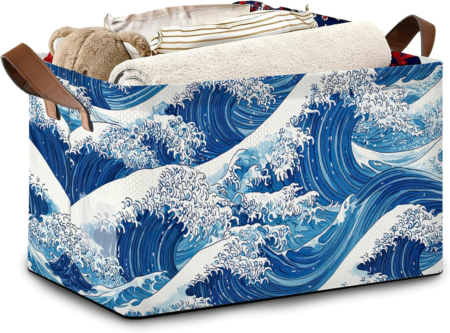 Ocean Wave Storage Baskets,Japanese Foldable Organizer Bin with Handles for Home Living Room Bedroom Closet Box 17x11.5x10Inch