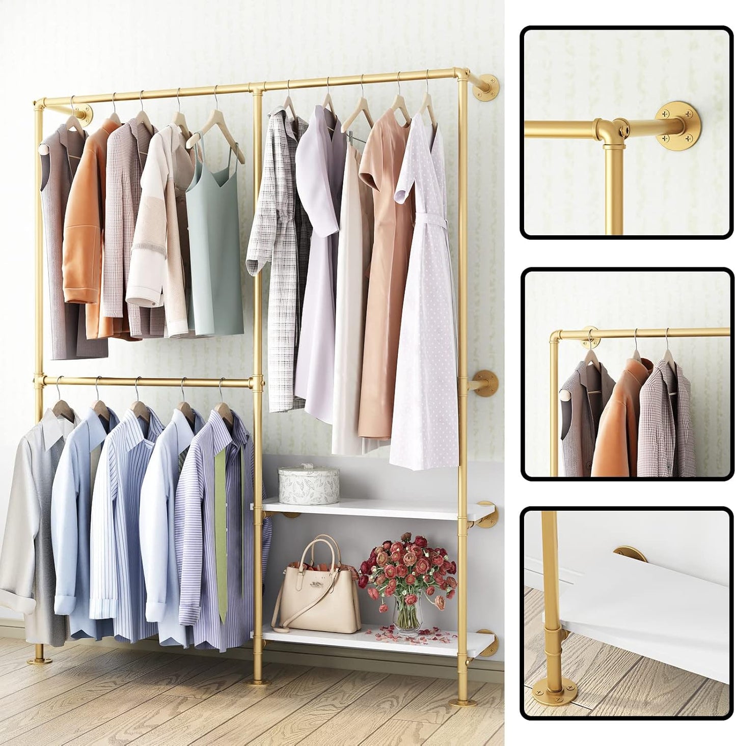 Gold Pipe Clothes Racks with White Shelves, Industrial Pipe Gold Clothing Rack with Double Hanging Rods, Heavy Duty Wall Mounted Clothing Rack Rod for Closet Storage, Bedroom