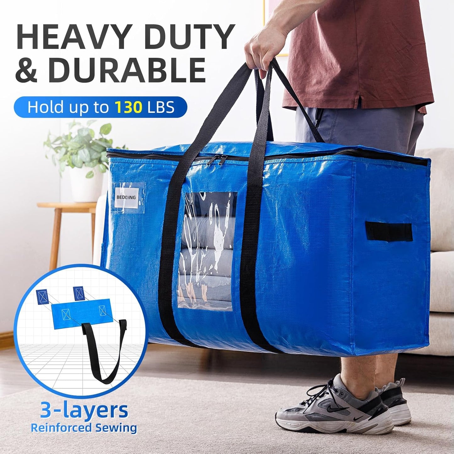 TAILI Extra Large Moving Bags, 10 Pack Blue Heavy Duty Totes for Storage with Visible Window, Wrap Around Handles, Storage Bags for Space Saving, Alternative to Moving Boxes