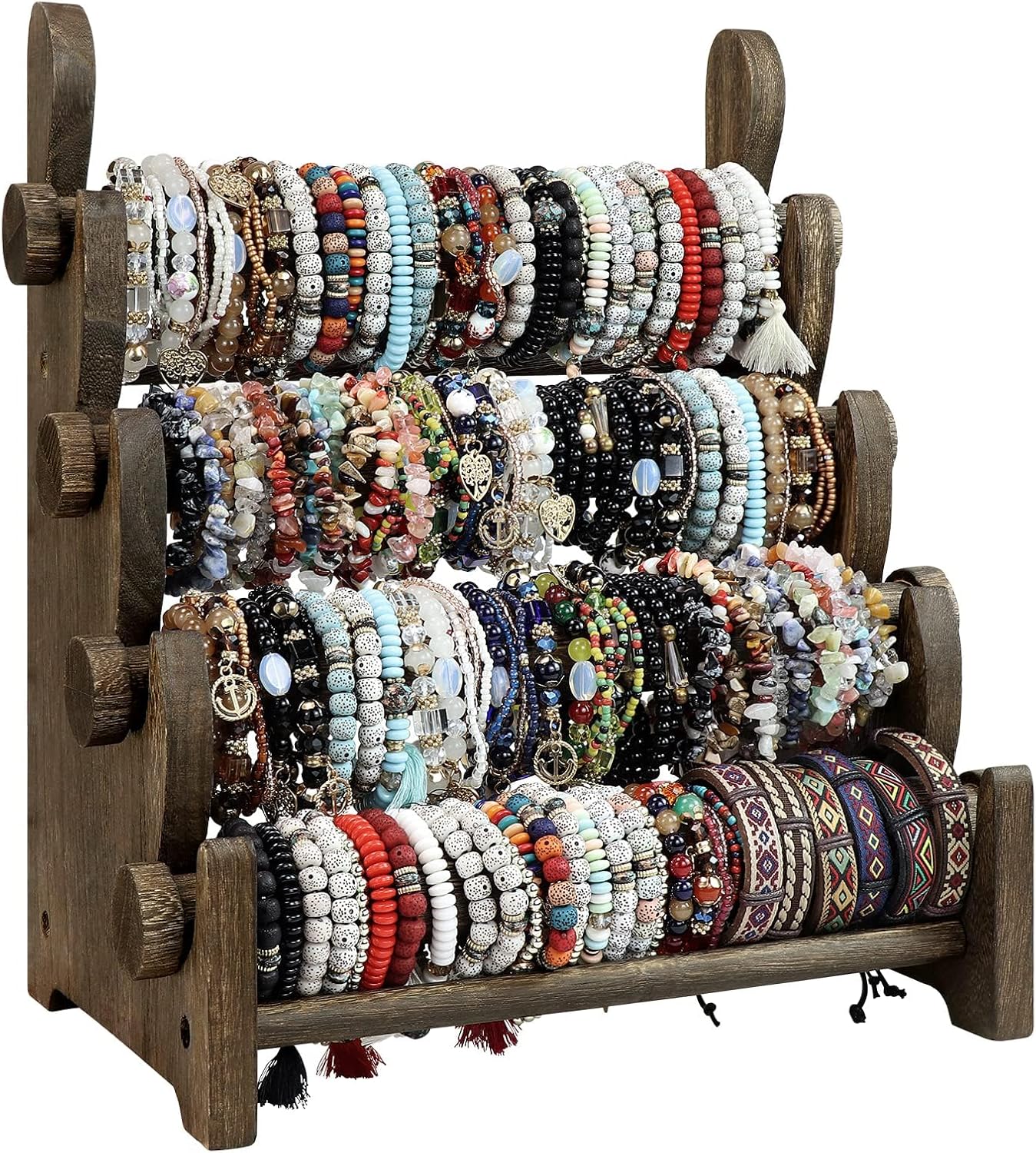 TOPNEW 4 Tier Wooden Bracelet Holder, Scrunchie Bangle Watch Necklace Display Storage Jewelry Holder Stand Display Organizer, Brown