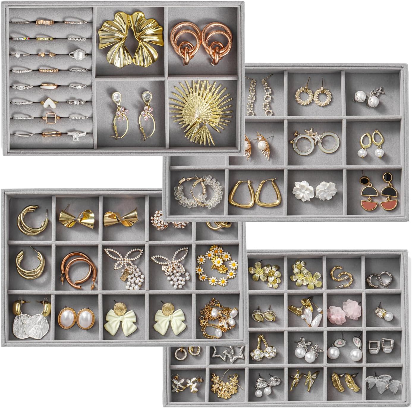 Jewelry Drawer Organizer, 4 Set of Stackable Jewelry Trays for Drawer Inserts Velvet Organizers and Display Storage for Earring Necklace Rings Bracelets (Gray)