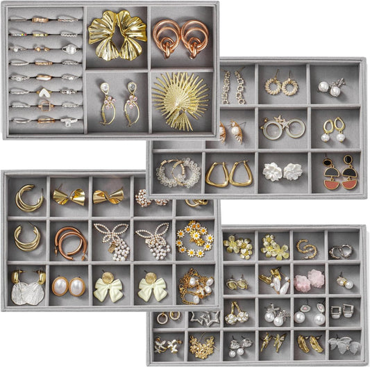 Jewelry Drawer Organizer, 4 Set of Stackable Jewelry Trays for Drawer Inserts Velvet Organizers and Display Storage for Earring Necklace Rings Bracelets (Gray)