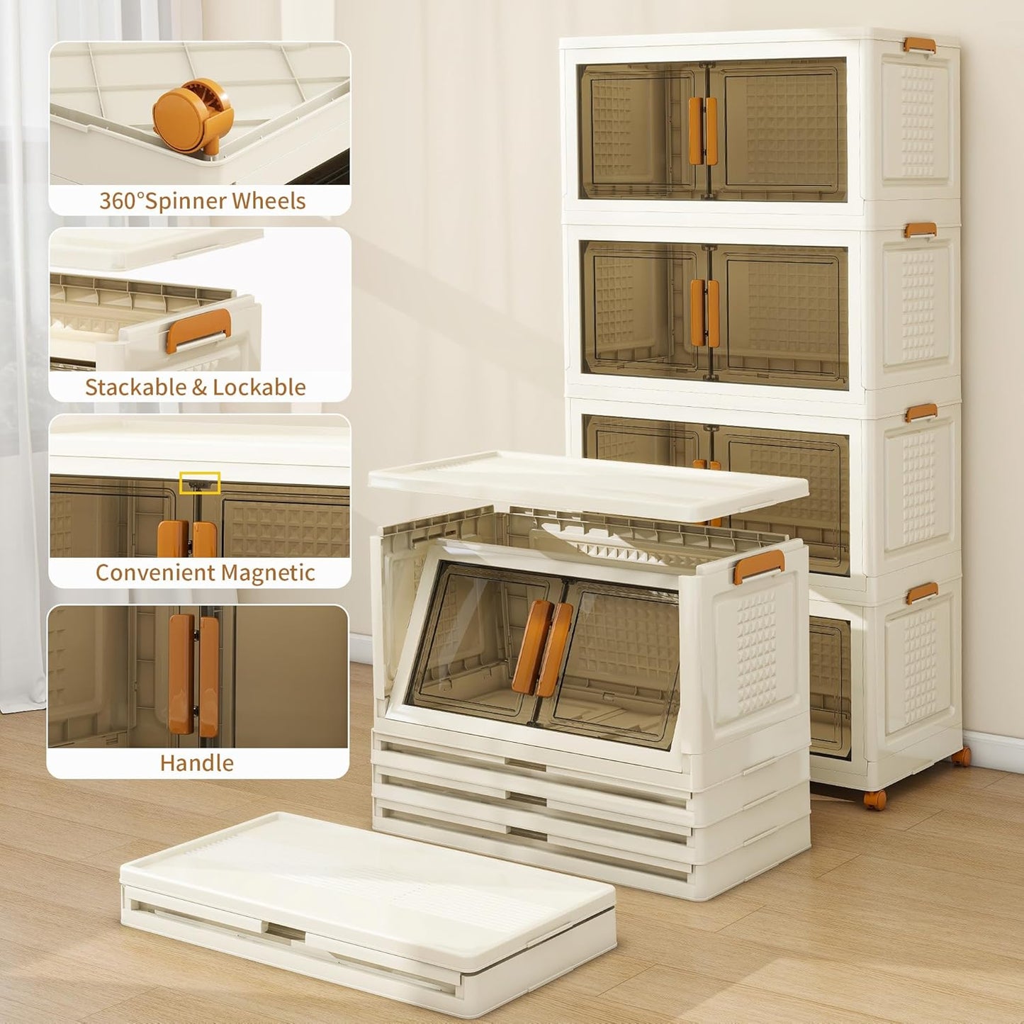 Plastic Stackable Storage Bins with Lids and Wheels, Foldable Closet Organizers and Storage Containers, Collapsible Clear Drawer Storage Cabinet with Doors Ivory White 182.4 QT