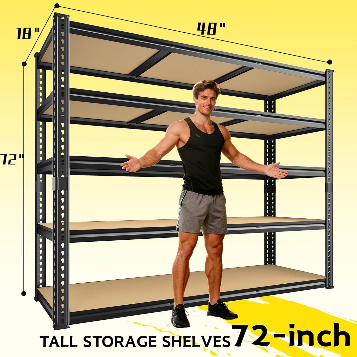 48" W Garage Shelving Heavy Duty 2800LBS Garage Storage Shelves, 5 Tier Adjustable Metal Shelving Unit Utility Rack Shelf for Warehouse, Pantry, Closet, Kitchen 72" H x 48" W x 18" D, Black