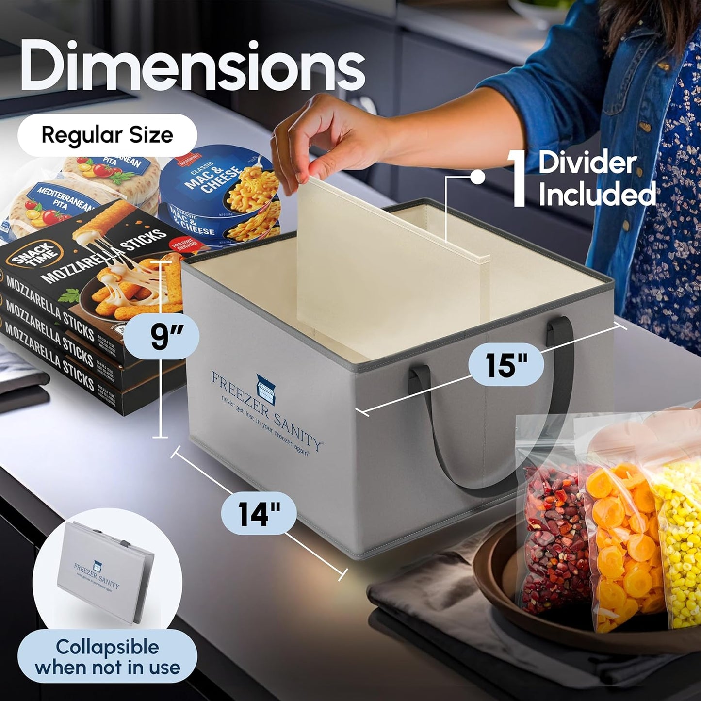 The Original Chest Freezer Organizer Bins, Stackable Storage Organizers, Deep Freezer Dividers, Handles, Heavy-Duty, Waterproof Regular 15x14x9