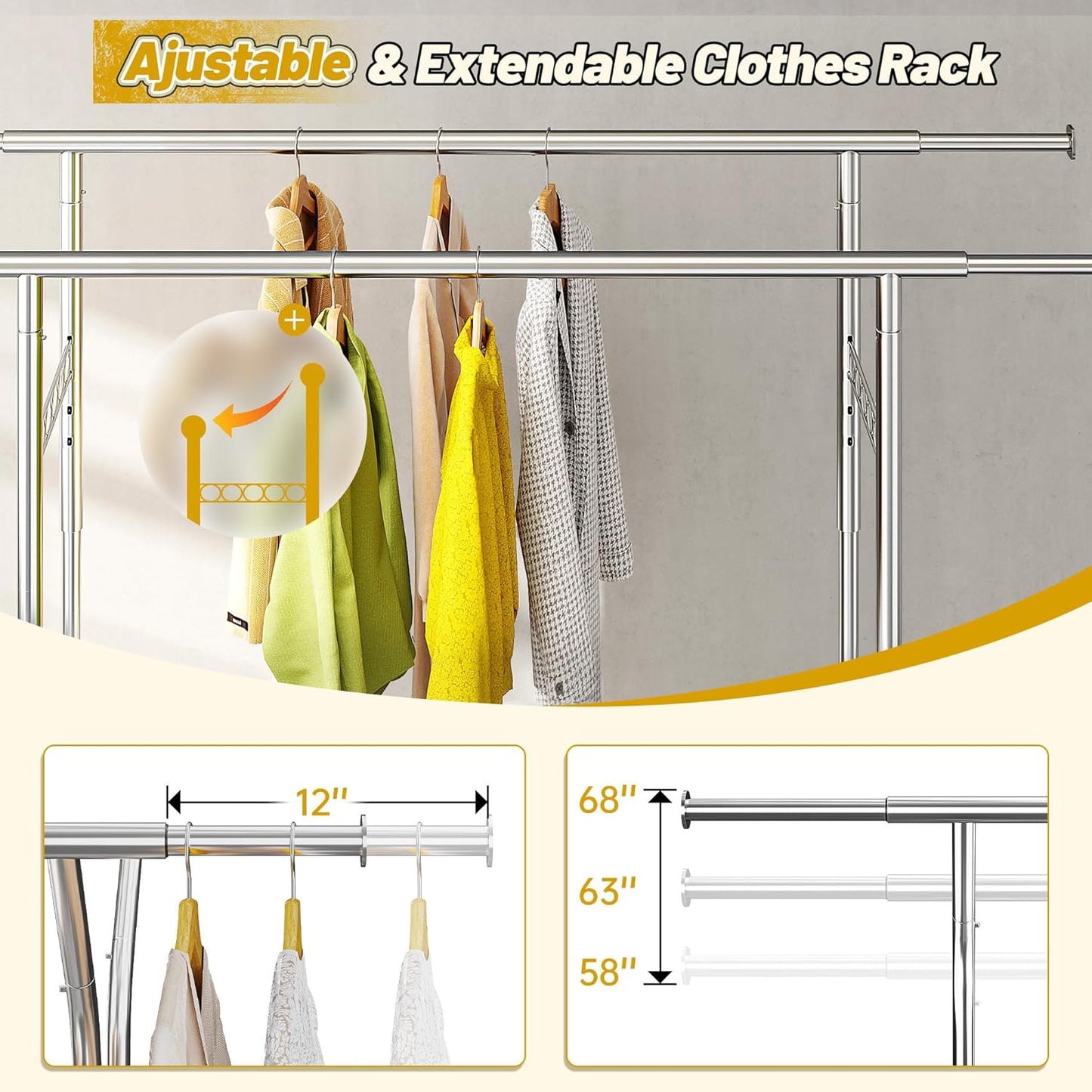 Raybee Clothes Rack Load 630LBS, Heavy Duty Clothes Rack, Rolling Clothing Racks for Hanging Clothes with Wheels, Adjustable & Commercial Garment Rack, 22" D x 75" W x 68" H