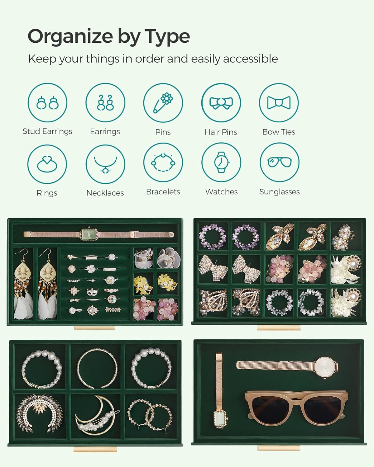 SONGMICS Jewelry Box Organizer with Glass Lid, 4-Layer Jewelry Storage, with 3 Drawers, Modern Style, Christmas Gift, 6 x 9.9 x 8.5 Inches, Forest Green and Gold Color UJBC161G01