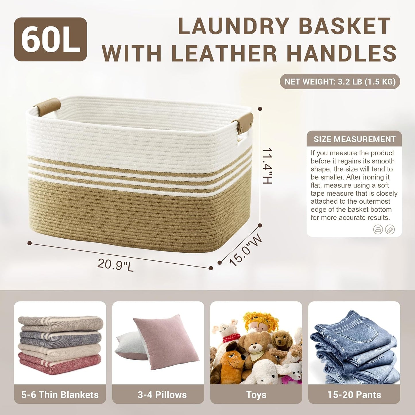 60L Large Laundry Basket with Leather Handles for Living Room Storage, Woven Rope BasketsBin for Blanket, Kids Toy, Gifts, Wicker Hamper for Bedroom Dirty Clothes, 21"x15"x11" Khaki