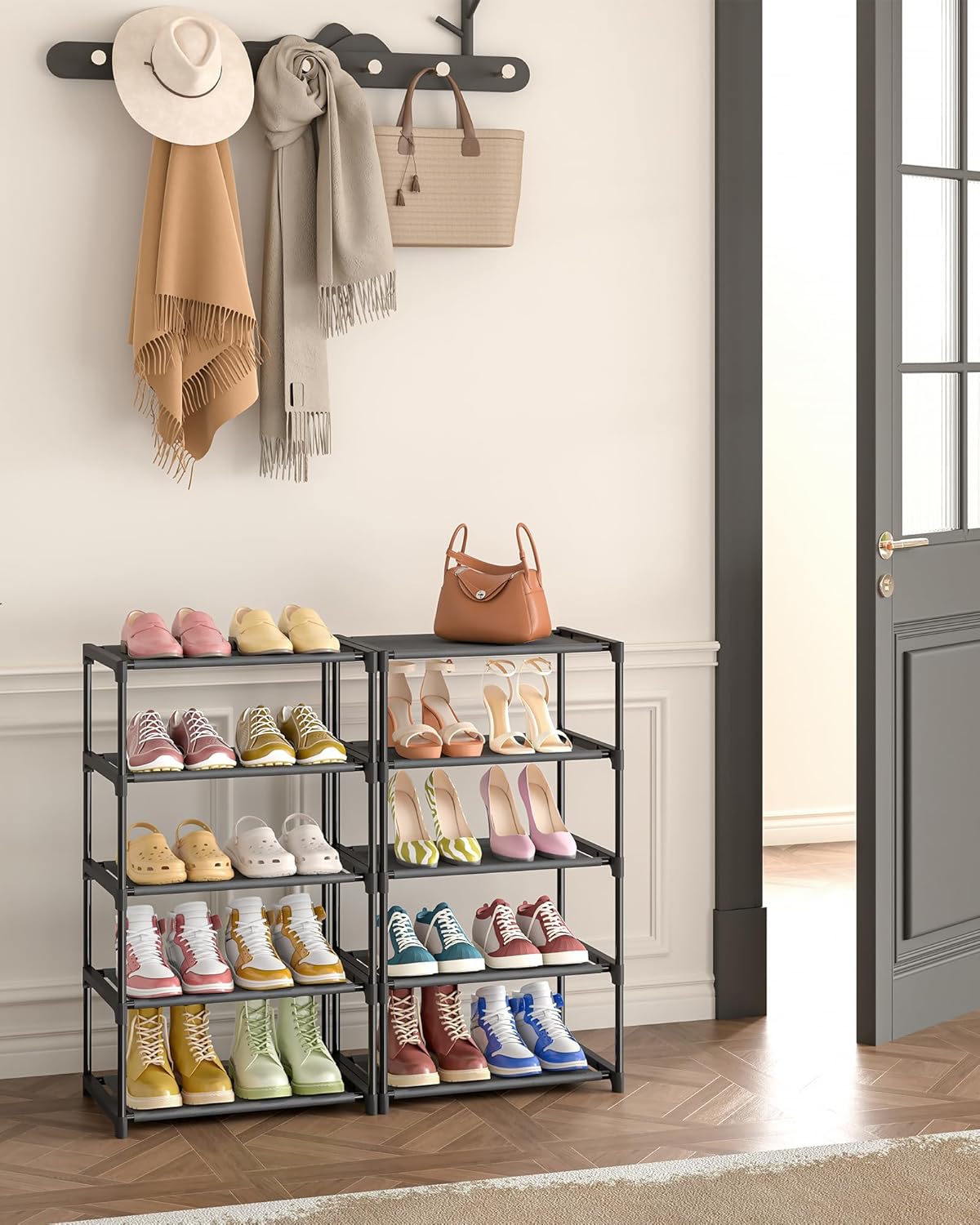 5-Tier Small Shoe Rack, Narrow Space-Saving Organizer for Small Spaces, Non-Woven Fabric Lightweight Shoe Shelves, for Closet Floor, Front Door, Entryway, Kids/Toddler/Adults, Black