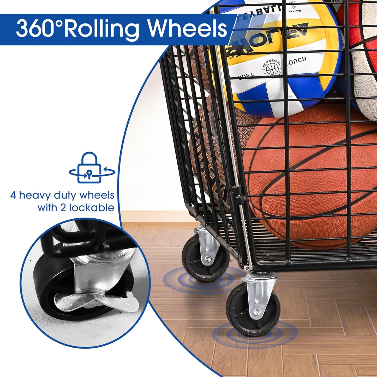 Mythinglogic Rolling Ball Storage Cart, Ball Storage Bin with Lockable Lid, Garage Organizer Made of Steel, Suitable for School Sport Equipment Storage