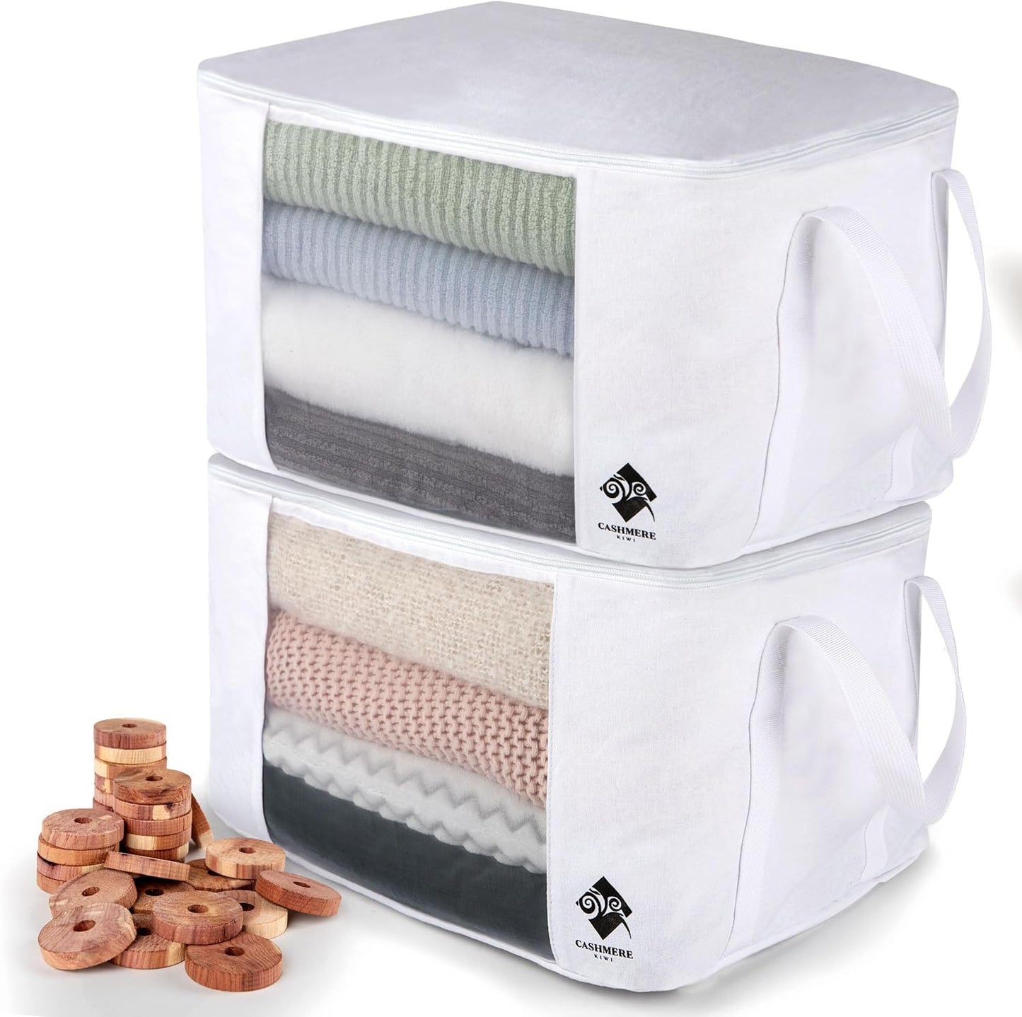 Sweater Storage for Closet – 2 Large Cotton Garment Bags, 30 Cedar Rings, & Mesh Window for Cashmere Sweaters – Wool & Cotton Sweater Organizer by Cashmere Kiwi, 15 x 11 x 9 In