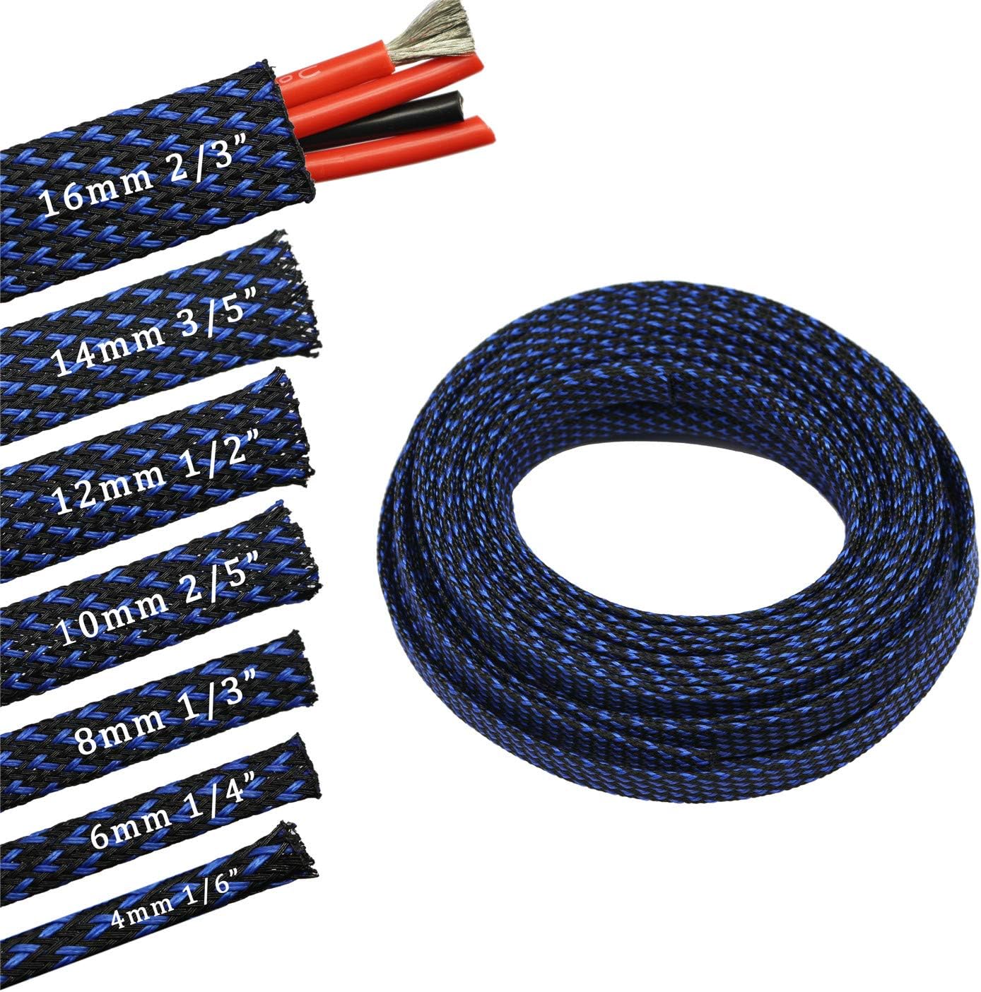 30ft PET Expandable Sleeving Wire Cable Sleeve (1/4", Blue&Black)