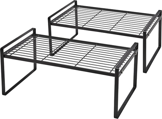 2Pack Cabinet Shelf Organizer Storage Rack Space Saving for Kitchen Counter Pantry Bathroom Cupboard Under Sink Office Table Desk Steel Stackable Rust Resistant Heavy Duty Nonslip 16” Black