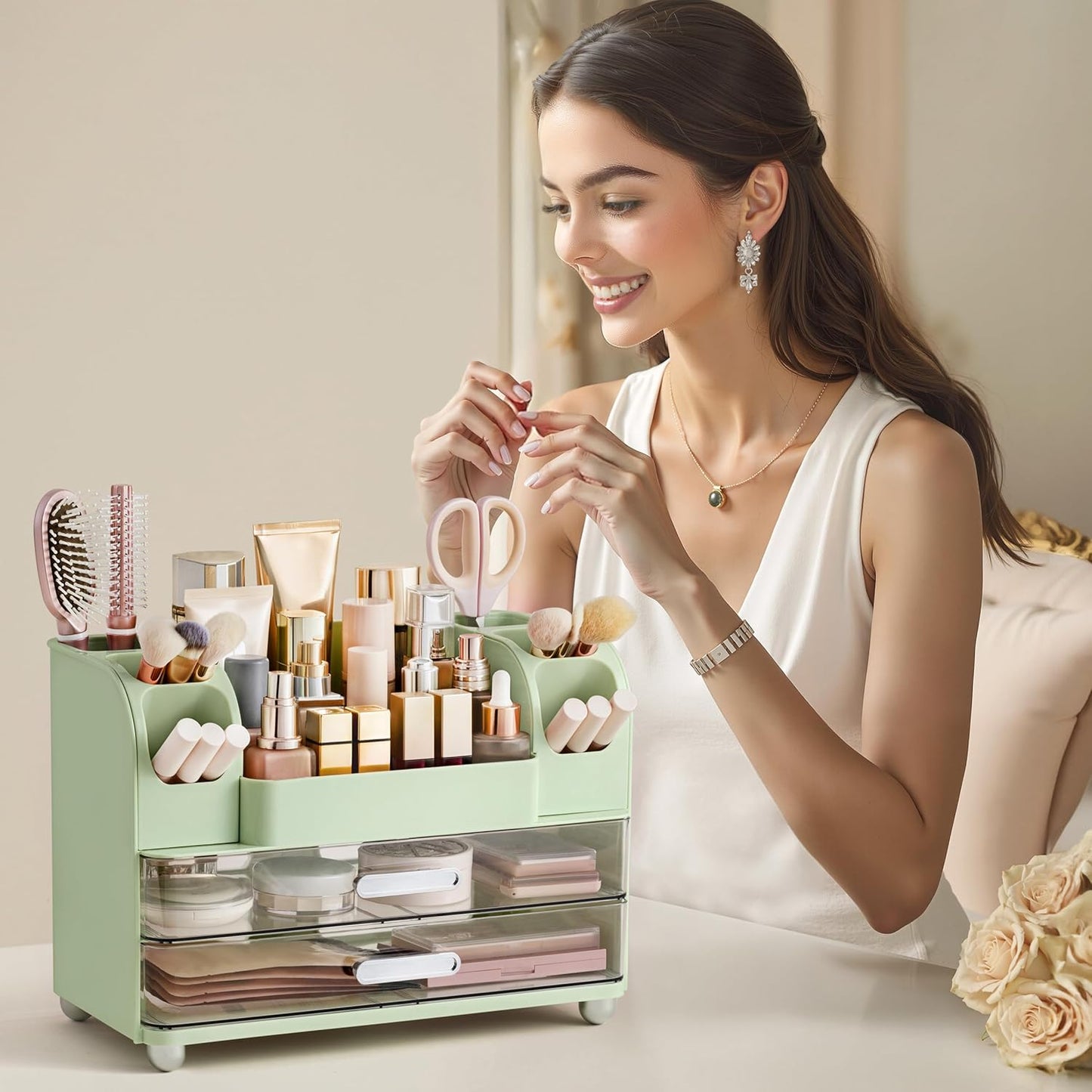 HBlife Makeup Organizer for Vanity with Brush Holder, Large Bathroom Countertop Cosmetic Organizer Skin Care Storage, Easy to Store Lipsticks, Nail Polishes, Perfumes, Eyeshadow Palettes, Green