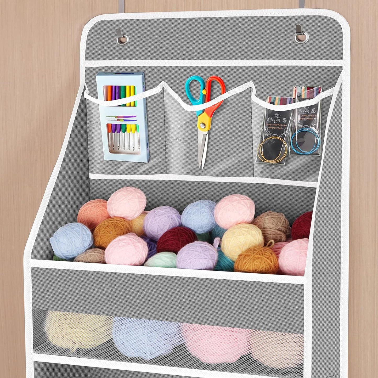 Univivi 5-Shelf Fabric Door Storage Over Door Hanging Organizer with 4 Large Pockets and 3 Small PVC Pockets Nursery Closet Cabinet Wall Mount Hanging Storage Organizers for Baby Nursery (Grey)
