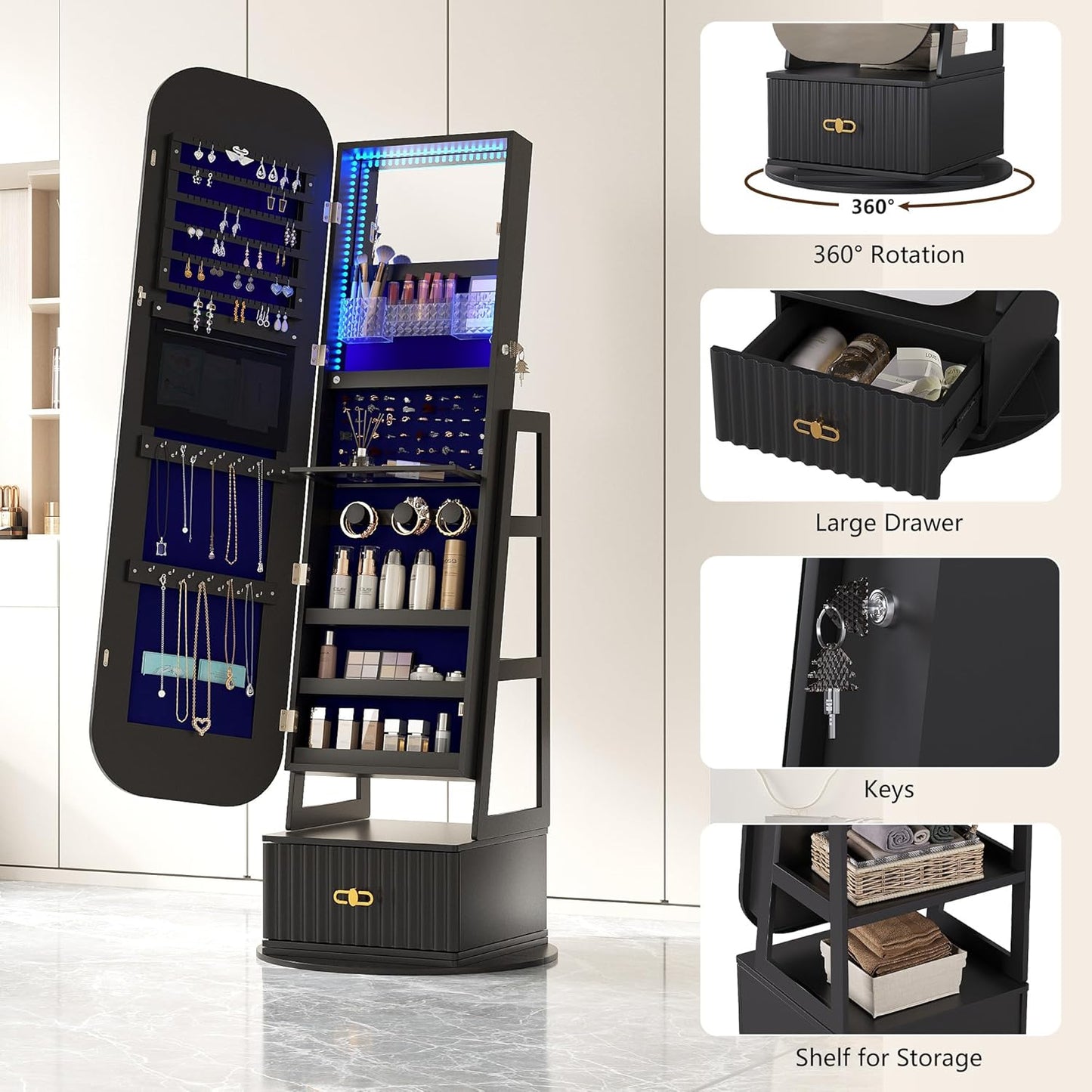 360°Swivel Jewelry Organizer with Full Length Mirror with Lights,Jewelry Armoires Cabinet Standing with Drawer,Large Mirror Storage for Jewelry and Makeup(Black)