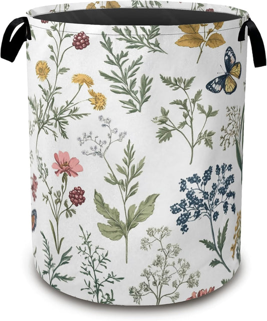 Beautiful Floral Laundry Hamper,Collapsible Laundry Baskets,Flowers Butterfly Dirty Clothes Baskets with Handles,Oxford Cloth Hamper for Bedroom,Bathroom,College Dorms,16"x20"