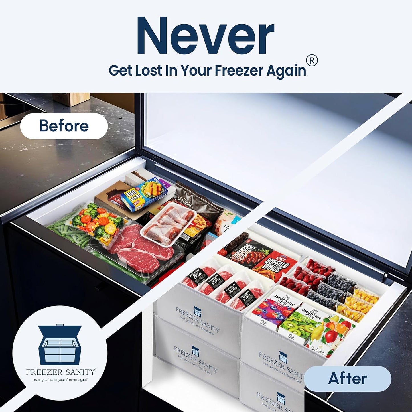 The Original Chest Freezer Organizer Bins, Stackable Storage Organizers, Deep Freezer Dividers, Handles, Heavy-Duty, Waterproof Regular 15x14x9