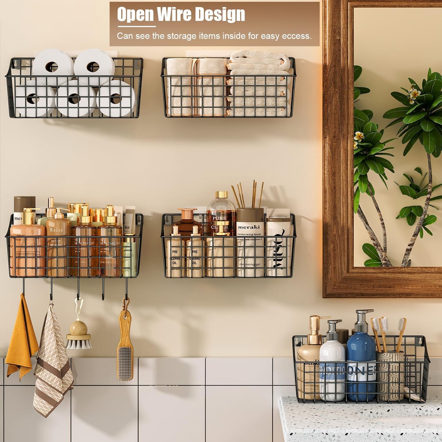 2 Pack Wall Hanging Baskets for Organizing, Large Metal Wire Basket with 5 Hooks+2 Strong Long Adhesive Hooks,Kitchen Hanging Mesh Organizer, Wall Mounted Bin for Kitchen, Bathroom, Bedroom,SUV,Garage