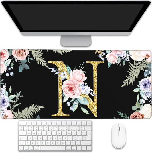 Desk Pad, Flower Golden Letters N Extended Gaming Mouse Pad Large, 35.4"x15.7" Big Mouse Pad with Non-Slip Base and Stitched Edge, Long Computer Keyboard Mouse Mat for Home Office Work