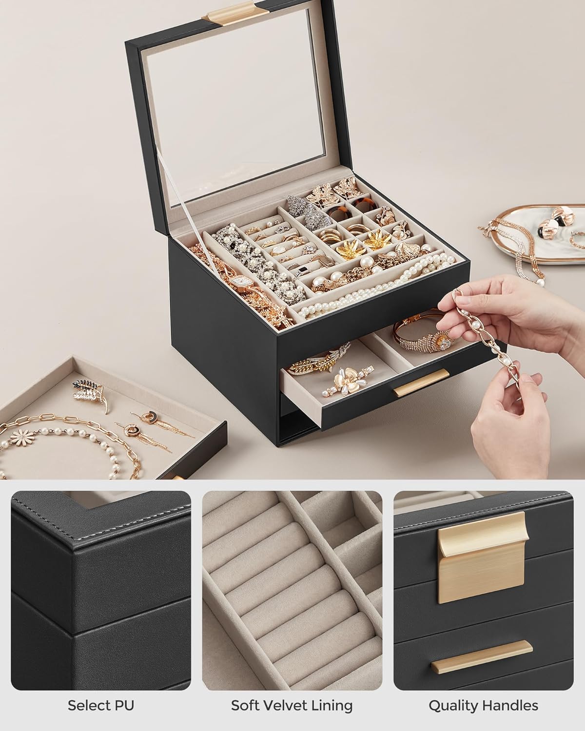SONGMICS Jewelry Box Organizer with Glass Lid, 4-Layer Jewelry Storage, with 3 Drawers, Modern Style, Christmas Gift, 8 x 9.1 x 6.5 Inches, Graphite Black and Gold Color UJBC173B01