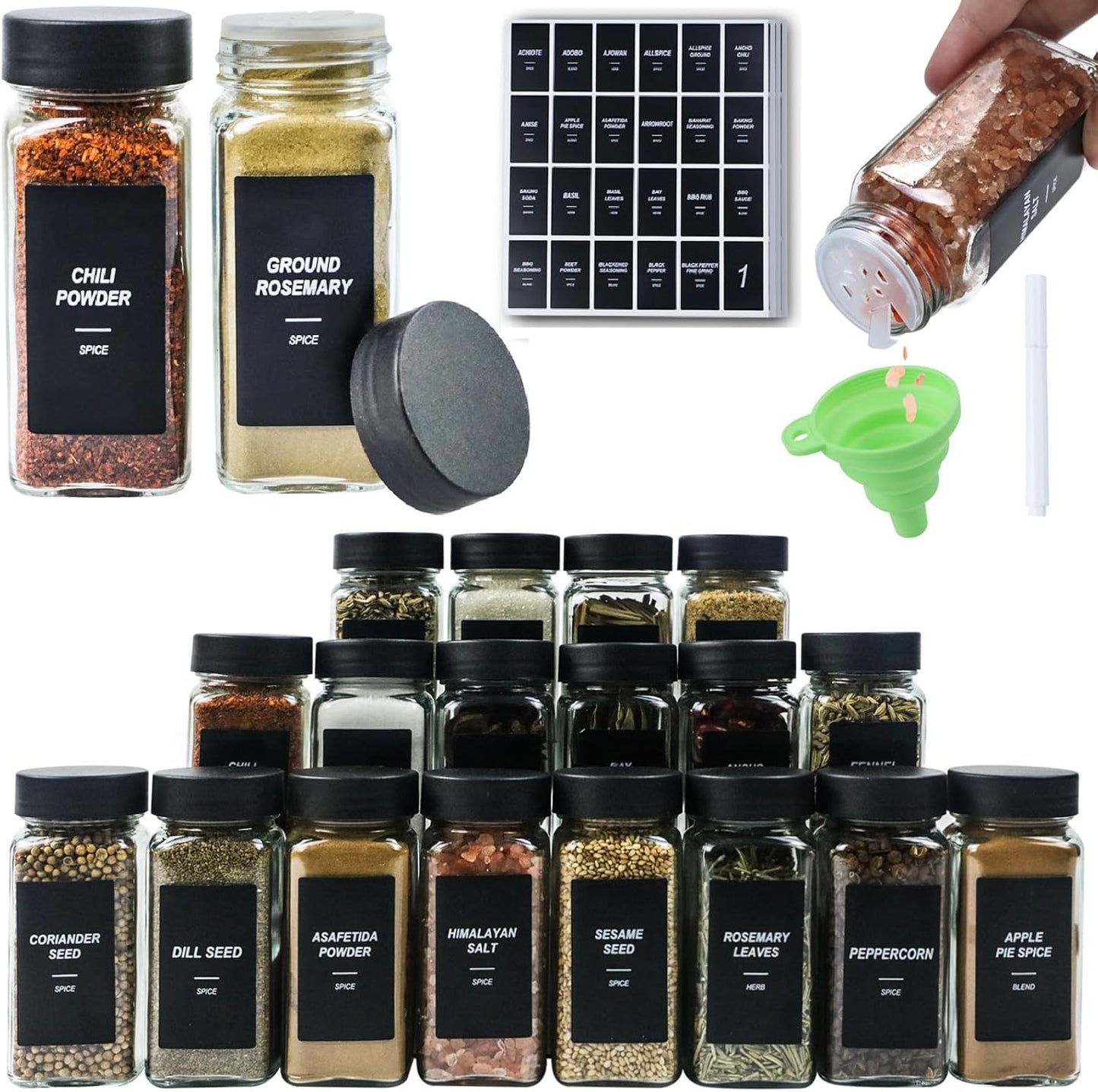 48Pcs Spice Jars Containers with Labels，4oz Black Seasoning Bottles with Shaker Lids for Rack, Cabinet, Drawer,Empty Square Condiment Pots (48, Black)