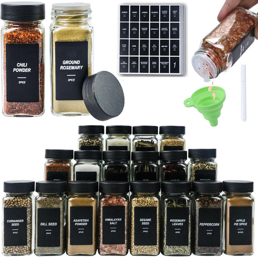 48Pcs Spice Jars Containers with Labels，4oz Black Seasoning Bottles with Shaker Lids for Rack, Cabinet, Drawer,Empty Square Condiment Pots (48, Black)