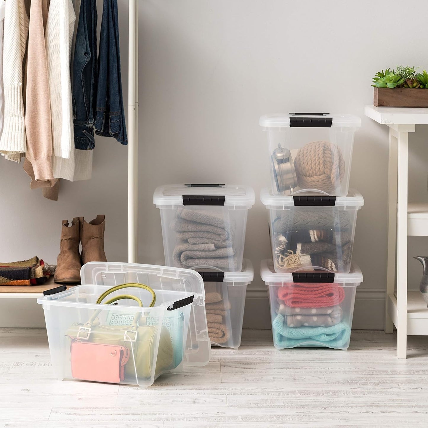 IRIS USA 19 QT Plastic Storage Box with Lid and Latches - 6 Pack - BPA-Free, See-Through Organizing Solution, Durable Nestable Stackable Containers, Secure Pull Handle - Clear