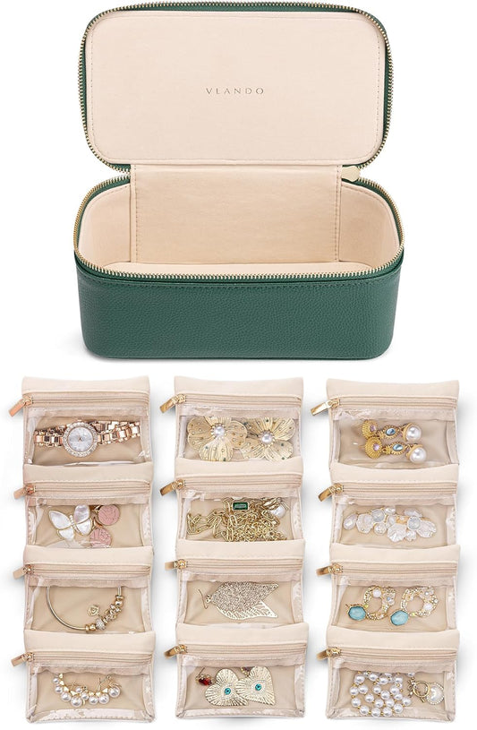 Vlando Gifts for Teachers,Jewelry Case with 12 Velvet Jewelry Bags Travel Jewelry Organzier for Travelers Necklace Rings Earrings Jewelry Bags Birthday Wedding Gifts (Green)