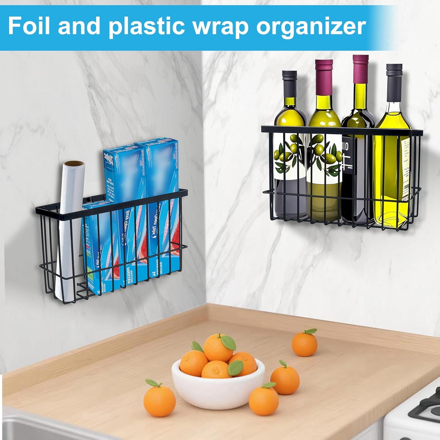 Kitchen Cabinet Door Organizer 3 pack, Lid Organizers Inside Cabinet with 2 Sponges, Foil and Plastic Wrap Organizer with 4 Hooks, for Aluminum Foil, Plastic Wrap, Black, (Small, Medium, Large)