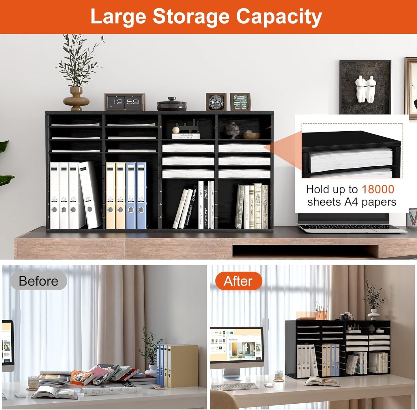 TQVAI Wood Literature Organizer, 36 Slots Classroom Mailbox with Adjustable Dividers, Mail Sorter Organizer Countertop Vertical Heavy Duty Office Mailbox Cubbies, Black