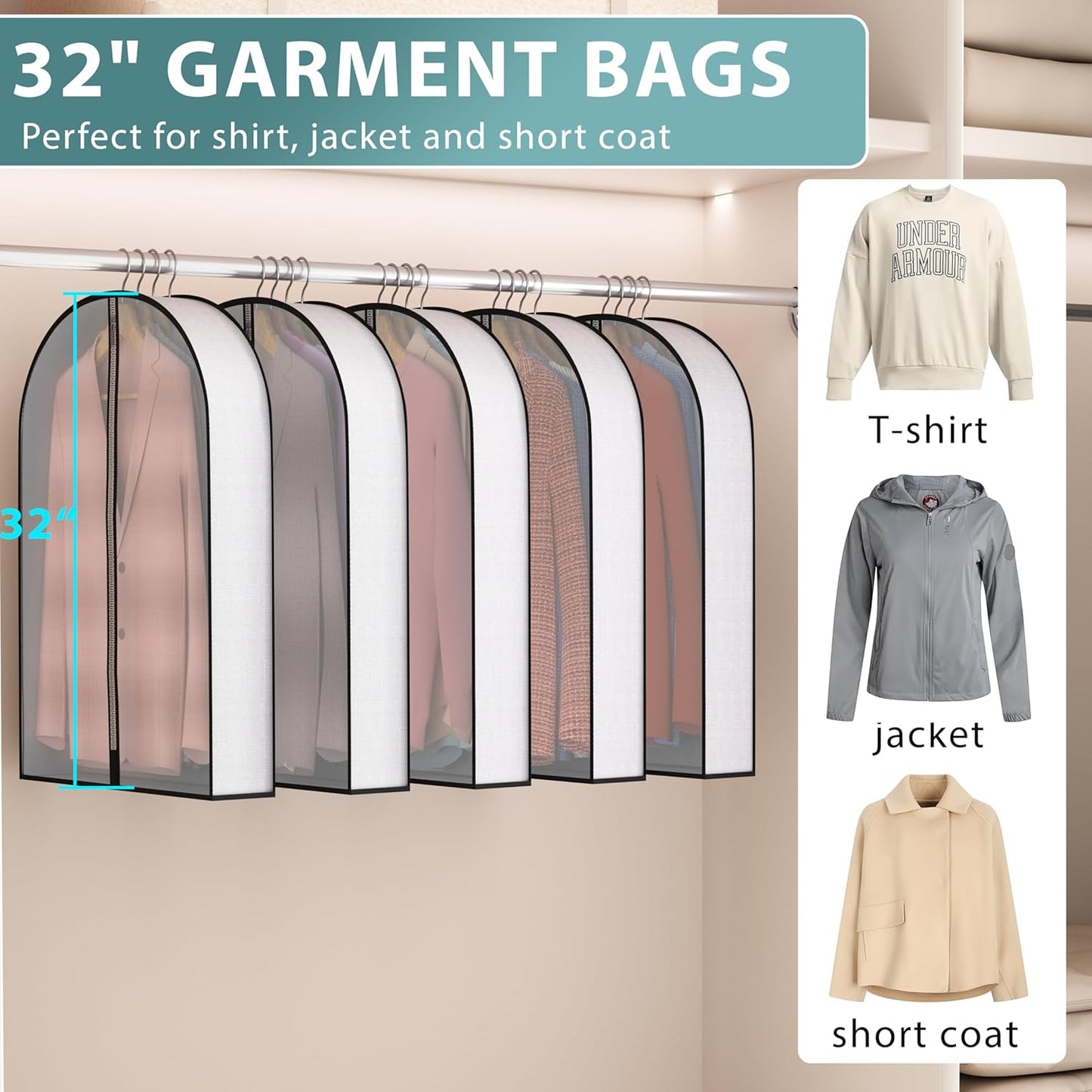 32” Garment Bags for Hanging Clothes 4” Gusseted - with Clear Window, Breathable Fabric, Metal Zipper, Suit Coat Fur Protector for Closet storage, clothes Season Off, Moving, 5 Pack