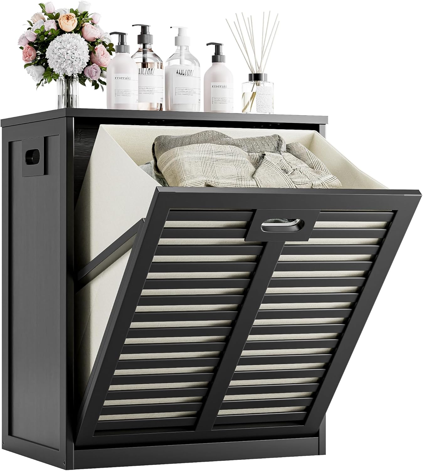 HITNET Tilt Out Laundry Hamper, Bamboo Laundry Cabinet with Pull Out Removable Bag, 16 Gallon Clothes Basket with Metal Handle for Bathroom Kitchen, Black