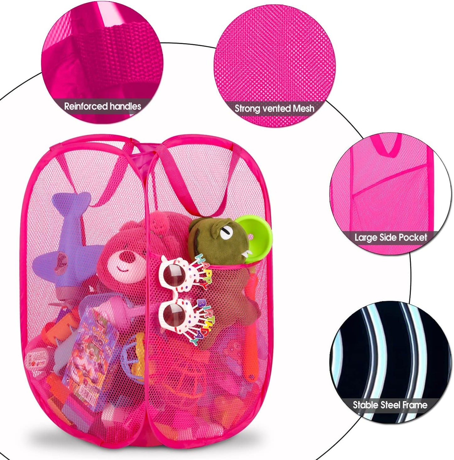 BATTOO Deluxe Strong Mesh Pop up Laundry Hamper Basket with Side Pocket for Laundry Room, Bathroom, Kids Room, College Dorm or Travel 3 Pack Blush
