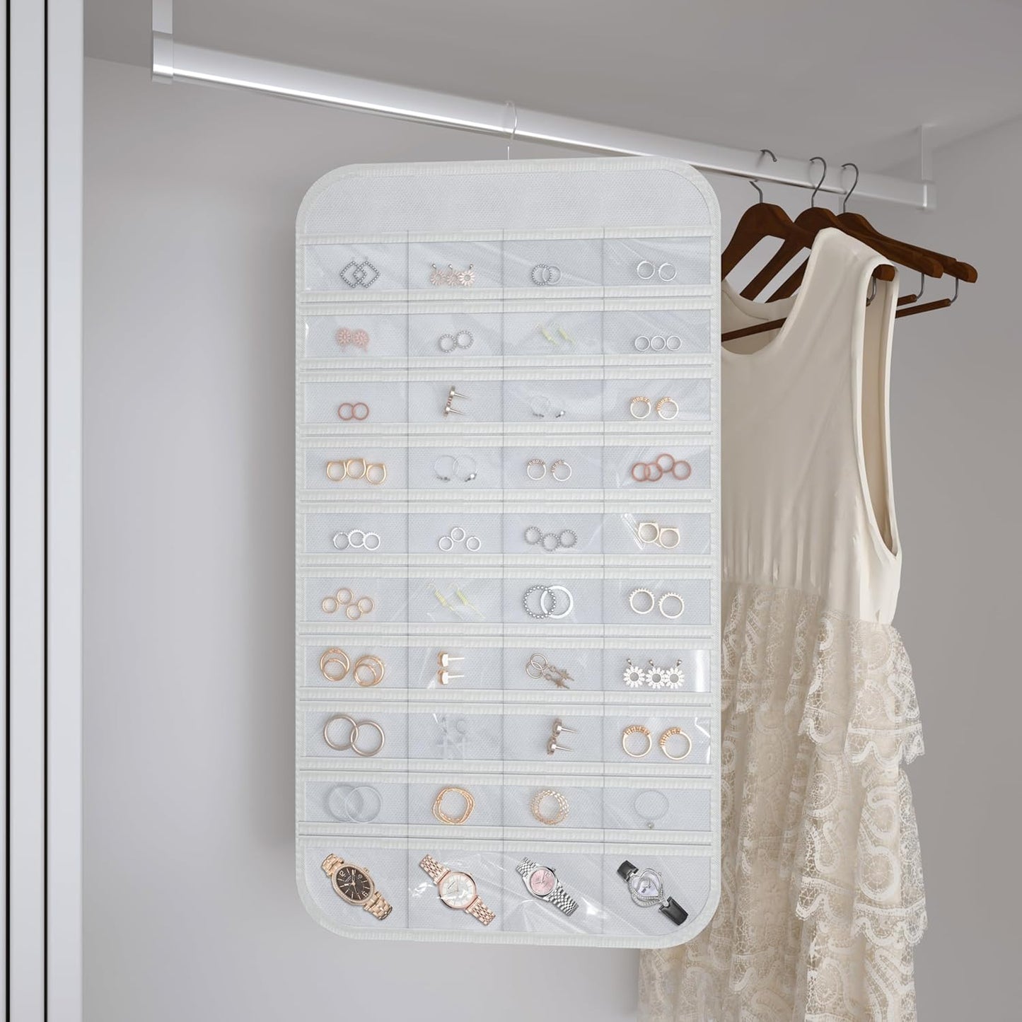 Hanging Jewelry Organizer Storage, 40 Pockets 36 Hooks Necklace Earring Necklace Bracelet Ring Organizer, Double - Sided Design, White