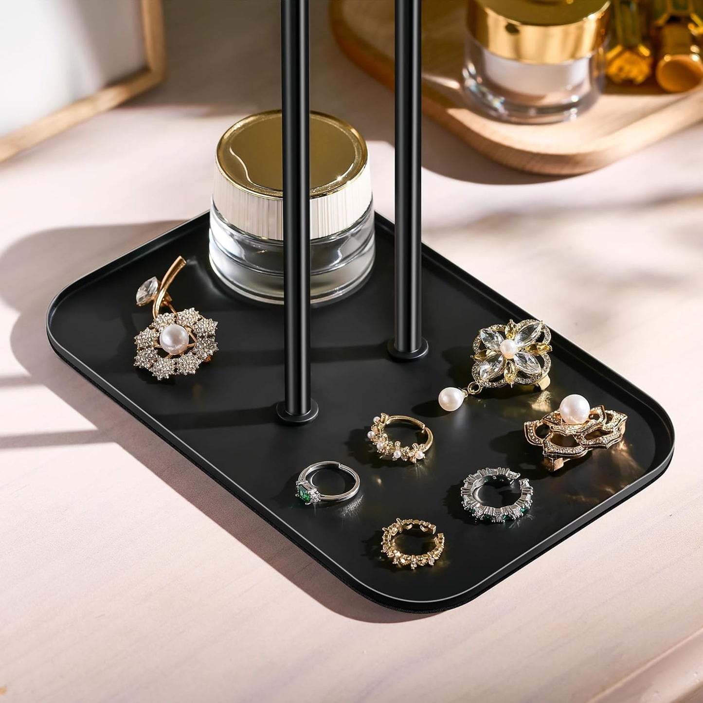 pickpiff Necklace Holder Jewelry Organizer Stand – 2‑Tier T‑Bar Jewelry Display Tree with Tray for Countertop Necklace Bracelet Earring Storage, Vanity Dresser Bathroom Sink, Black