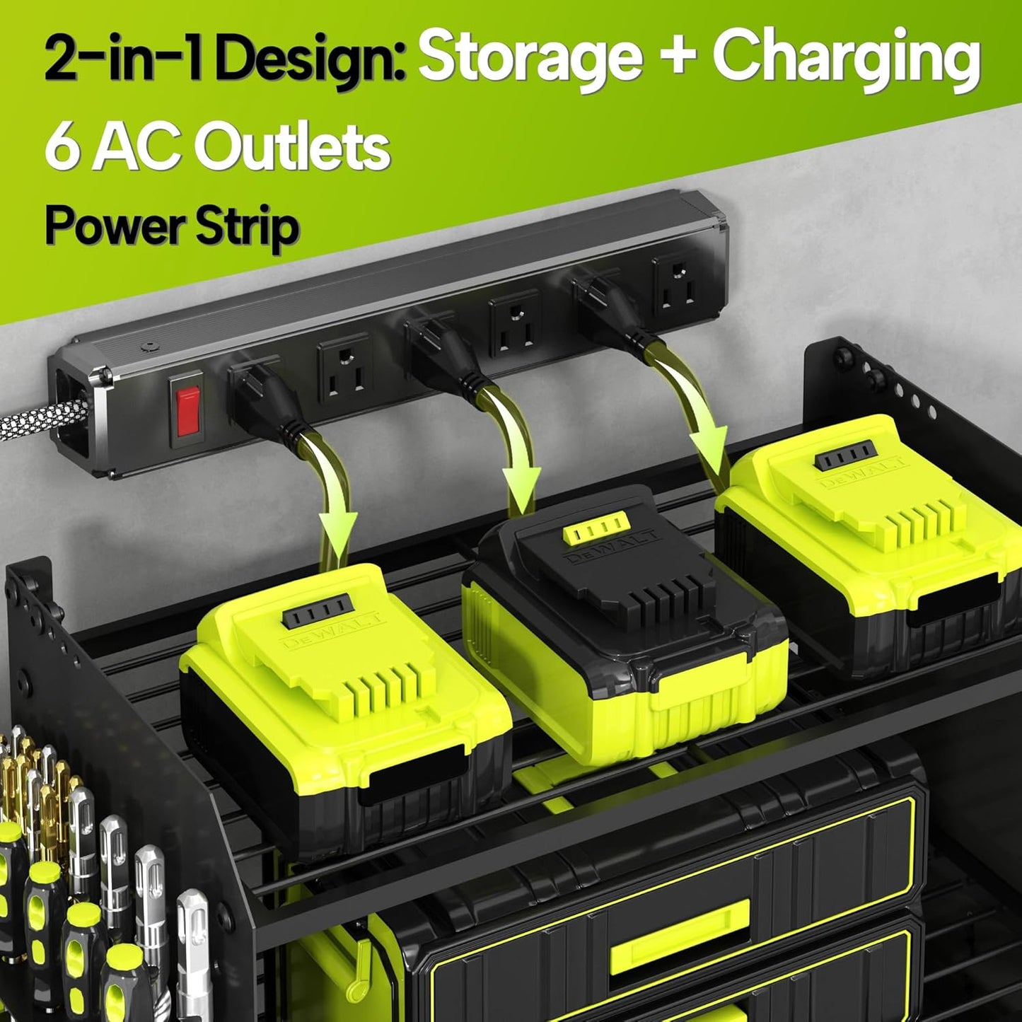 3 Layer Heavy Duty Power Tool Organizer Wall Mount with Charging Station, Adjustable Metal Storage Rack, 6 Outlets Strip, Drill Holders, Hooks & Drill Bit Rack for Garage, Workshop, Black