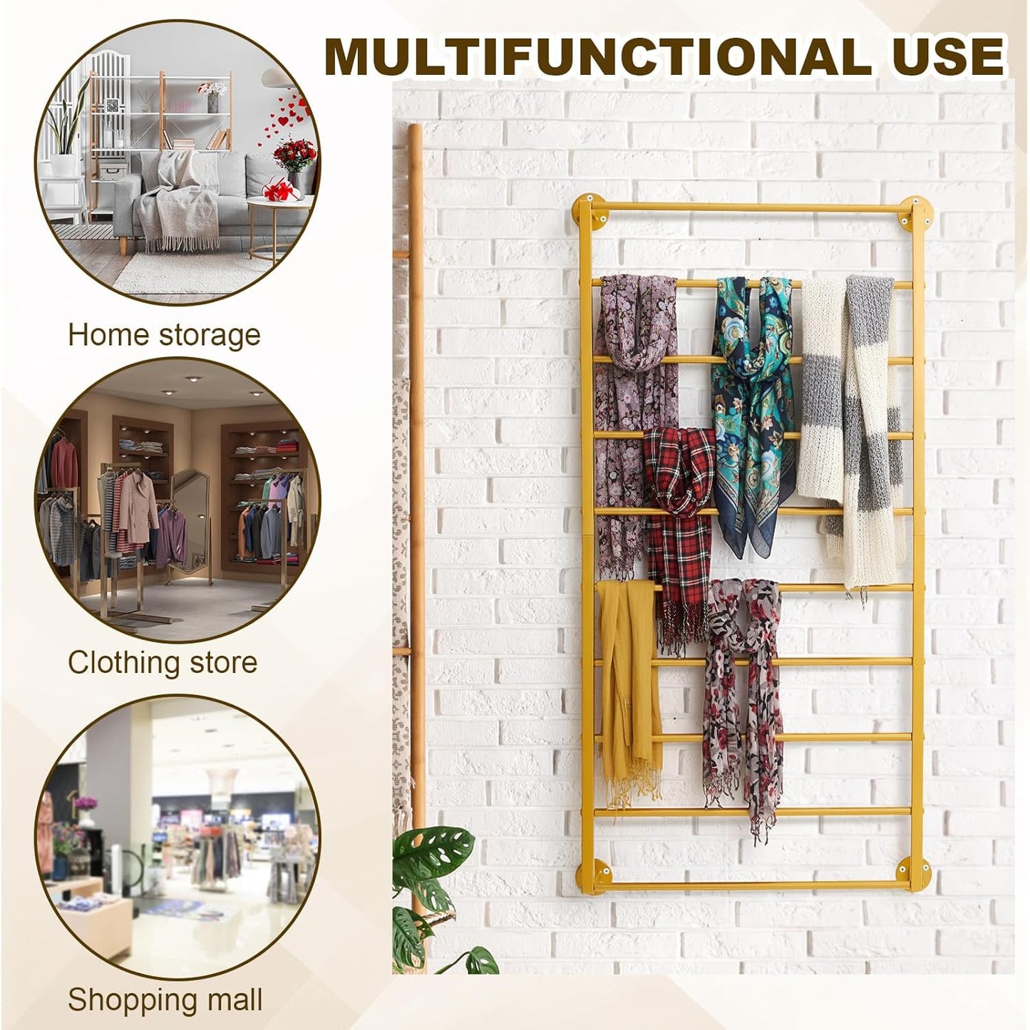 Hijab Organizer, 10 Tier Metal Scarf Holder Organizer, Freestanding Scarf Shawl Display Stand Belt Holder for Boutique, Retail Store, Bedroom, Clothing Store(Gold,47.2" X 23.6" X 4")