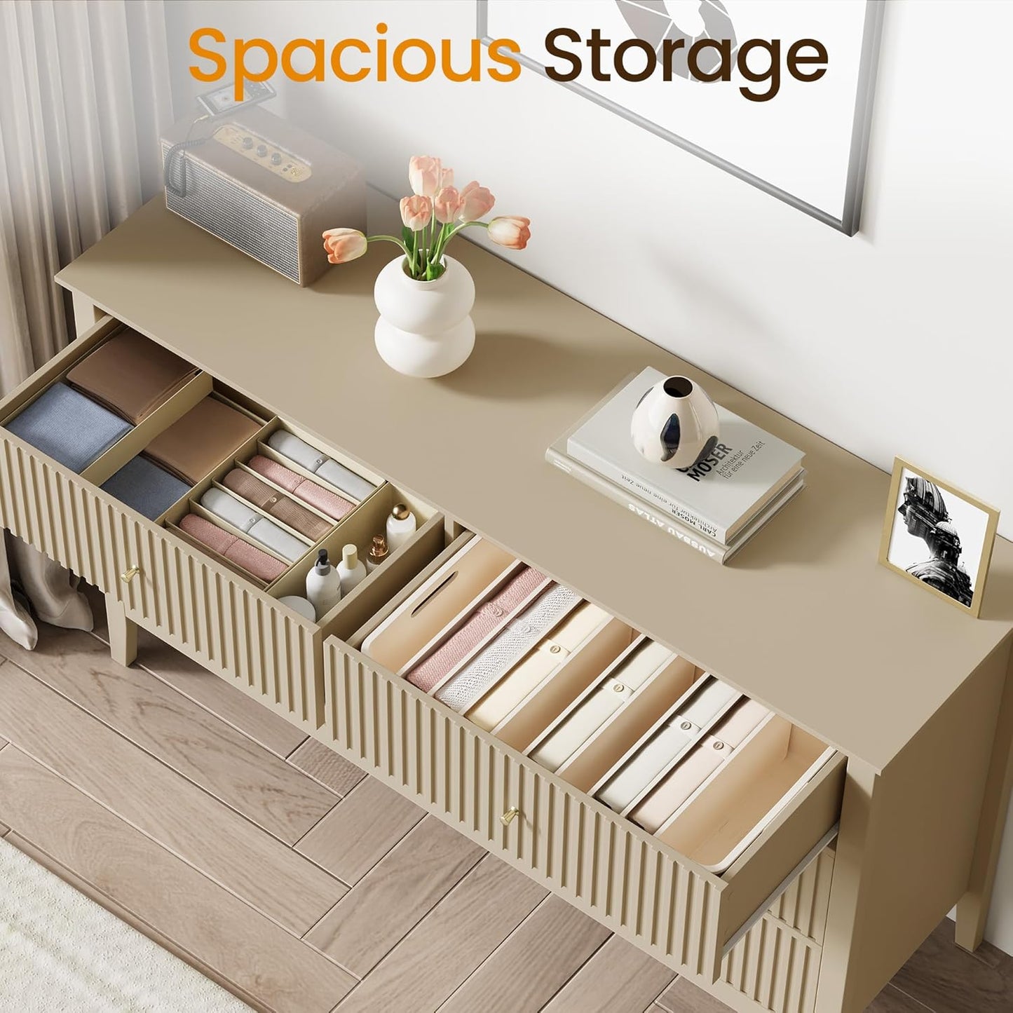 RoyalCraft Beige 6 Drawer Dresser, Fluted Modern Wood Chest of Drawers, Long Dresser for Bedroom TV Stand Storage Cabinet for Living Room