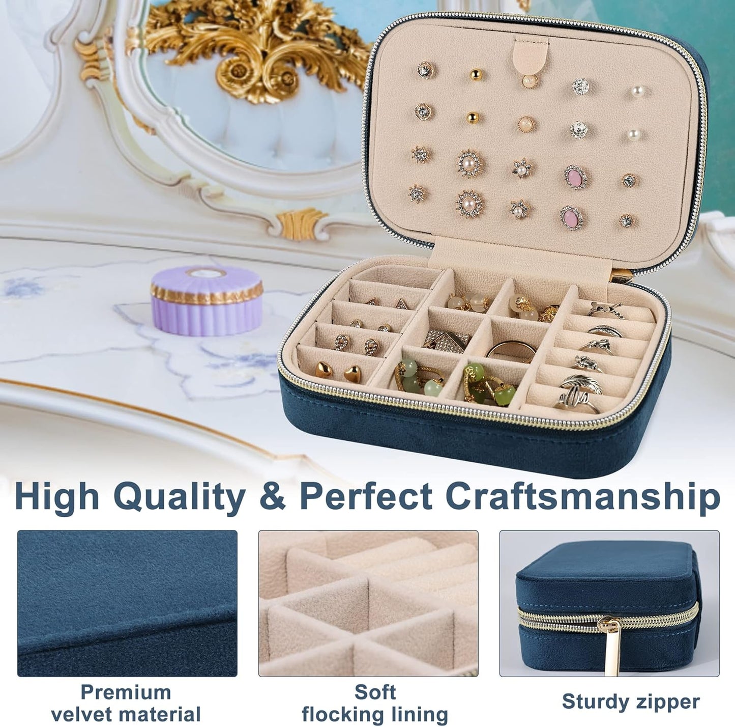 Dajasan Velvet Jewelry Travel Case, Small Travel Jewelry Box, Portable Travel Jewelry Organizer Box for Earrings Bracelets Rings Necklace (Blue)